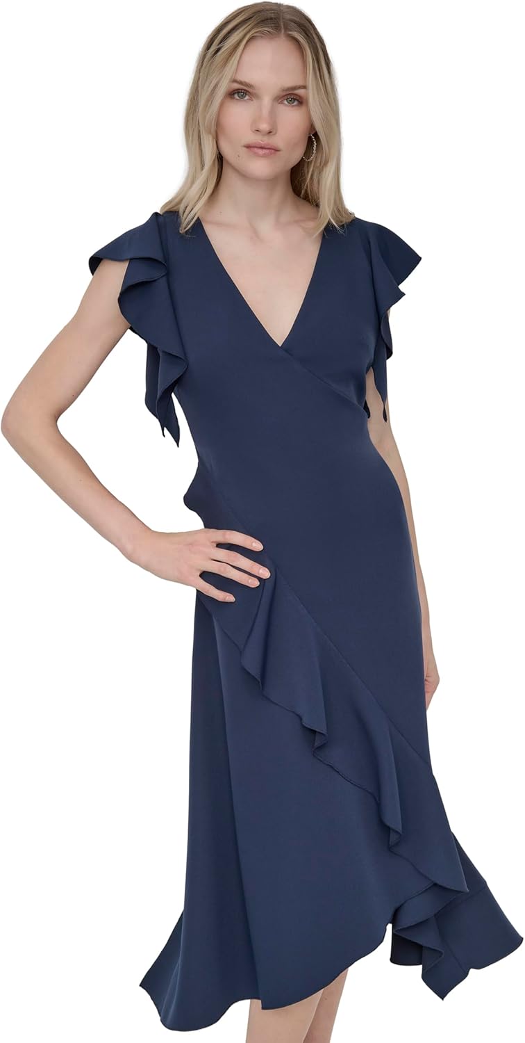 DKNY women's ruffle cap sleeve surplice neck fit and flare midi dress in [color] — view 2