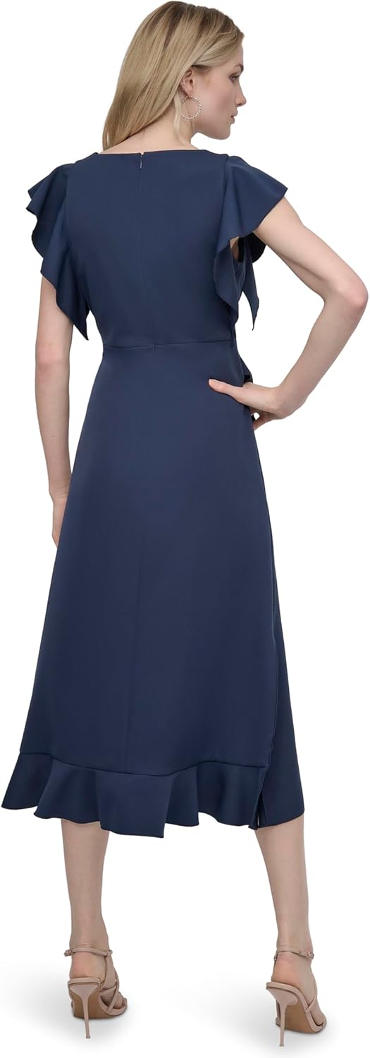 DKNY women's ruffle cap sleeve surplice neck fit and flare midi dress in [color] — view 3