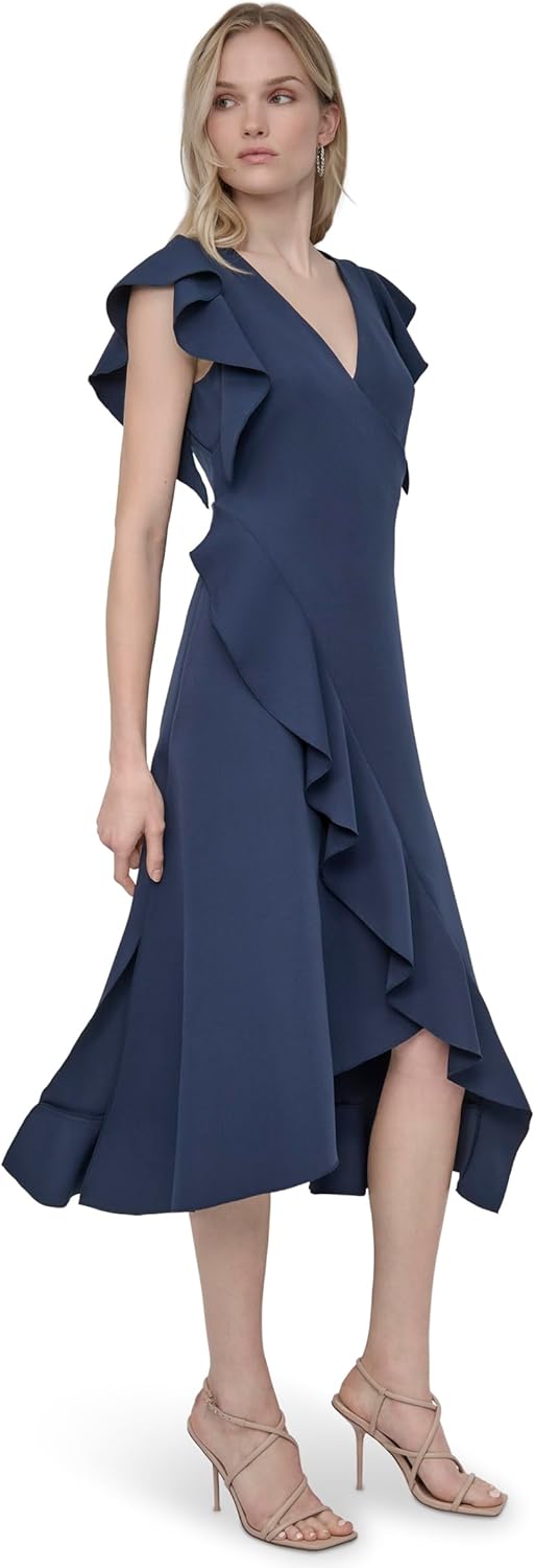 DKNY women's ruffle cap sleeve surplice neck fit and flare midi dress in [color] — view 4