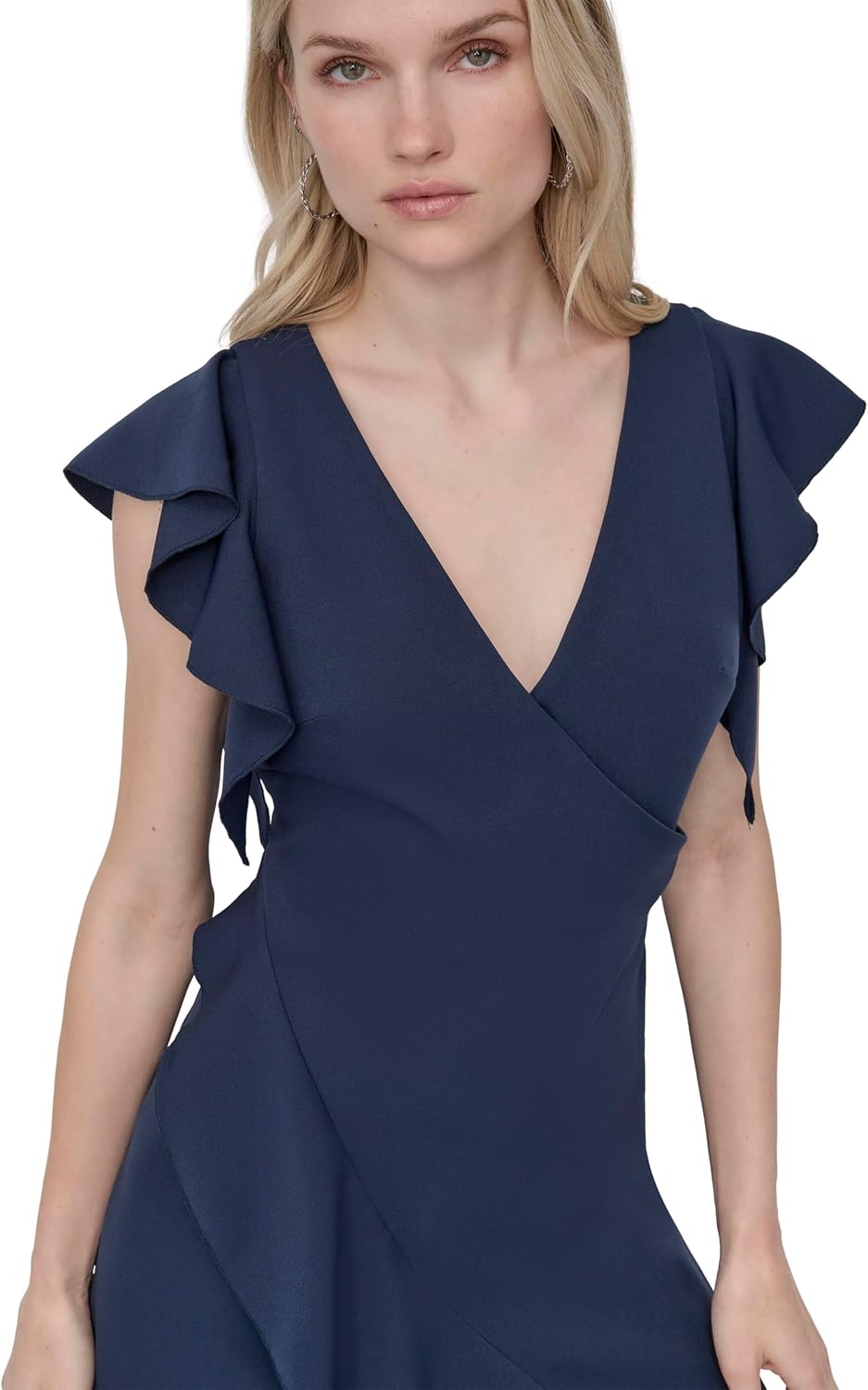 DKNY women's ruffle cap sleeve surplice neck fit and flare midi dress in [color] — view 3