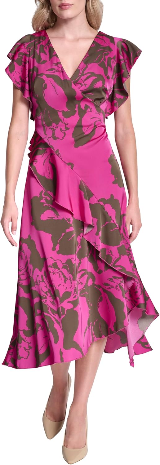 DKNY women's ruffle cap sleeve surplice neck fit and flare midi dress in [color] — view 4