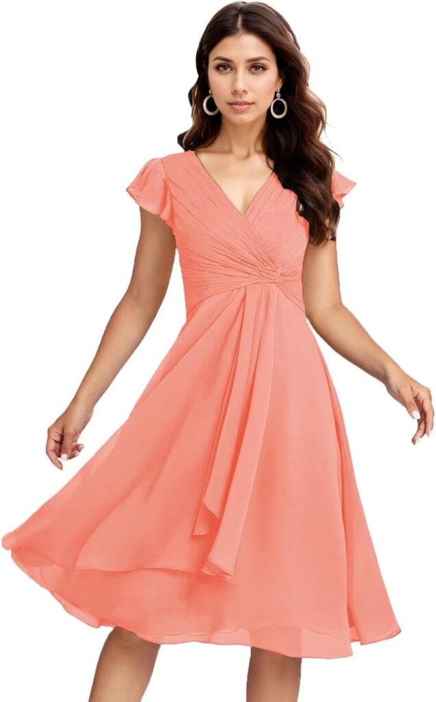 Short Chiffon Bridesmaid Dress V Neck Flutter Sleeves 2024
