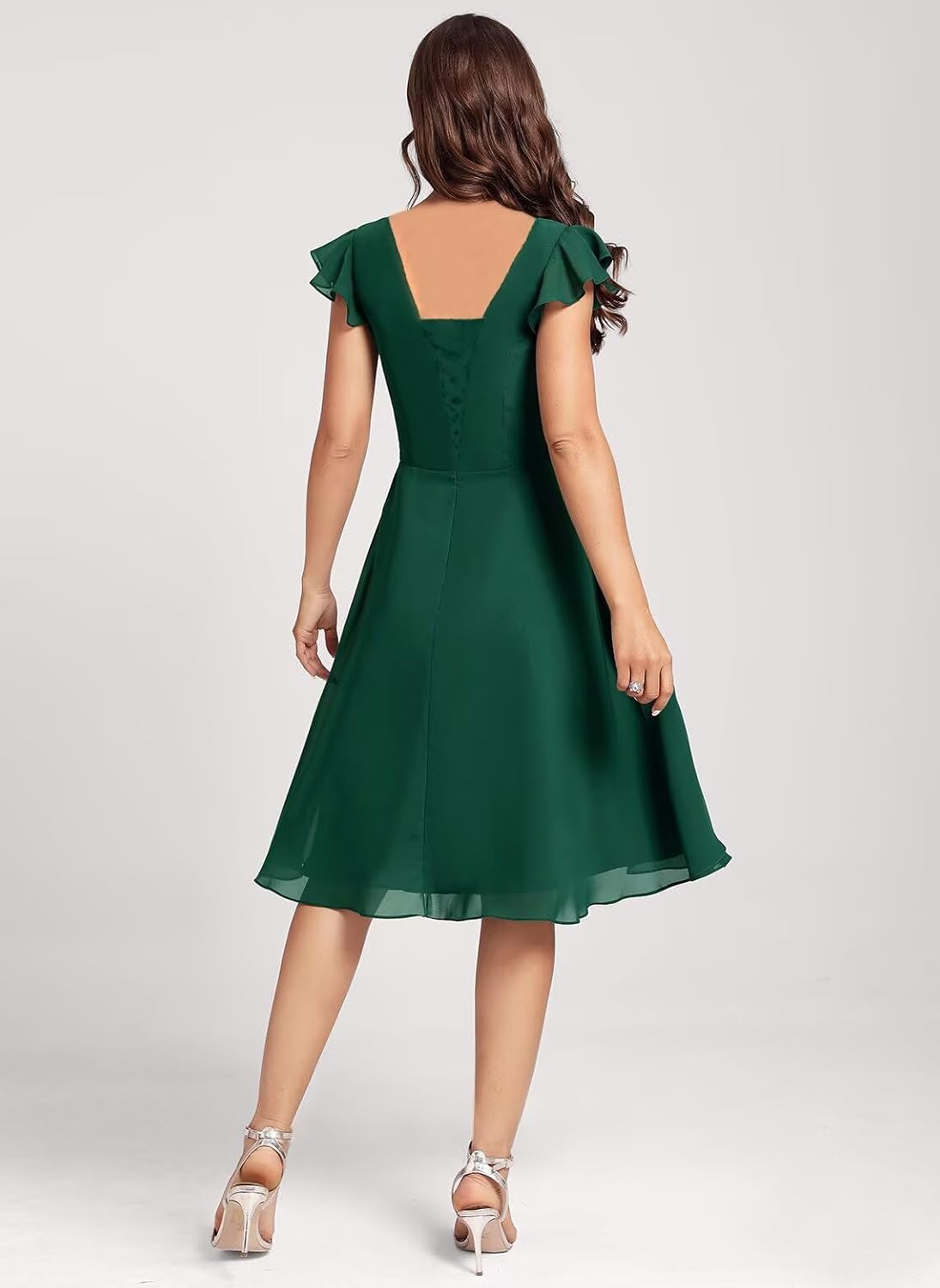 IMCACTOR short chiffon bridesmaid dress with V-neck flutter sleeves, ruffle details, and pockets in [COLOR] — view 2