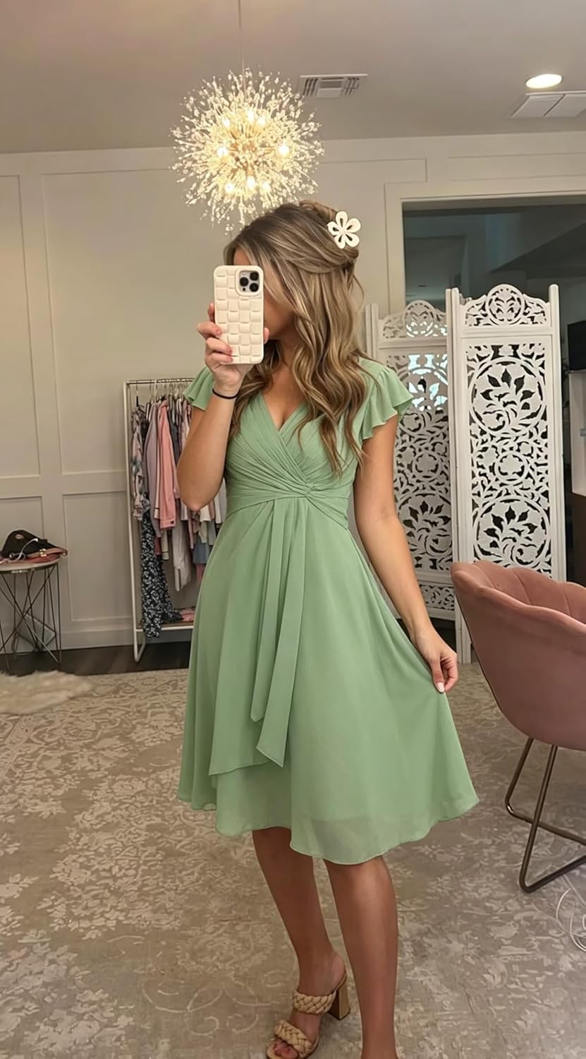 IMCACTOR short chiffon bridesmaid dress with V-neck flutter sleeves, ruffle details, and pockets in [COLOR] — view 3
