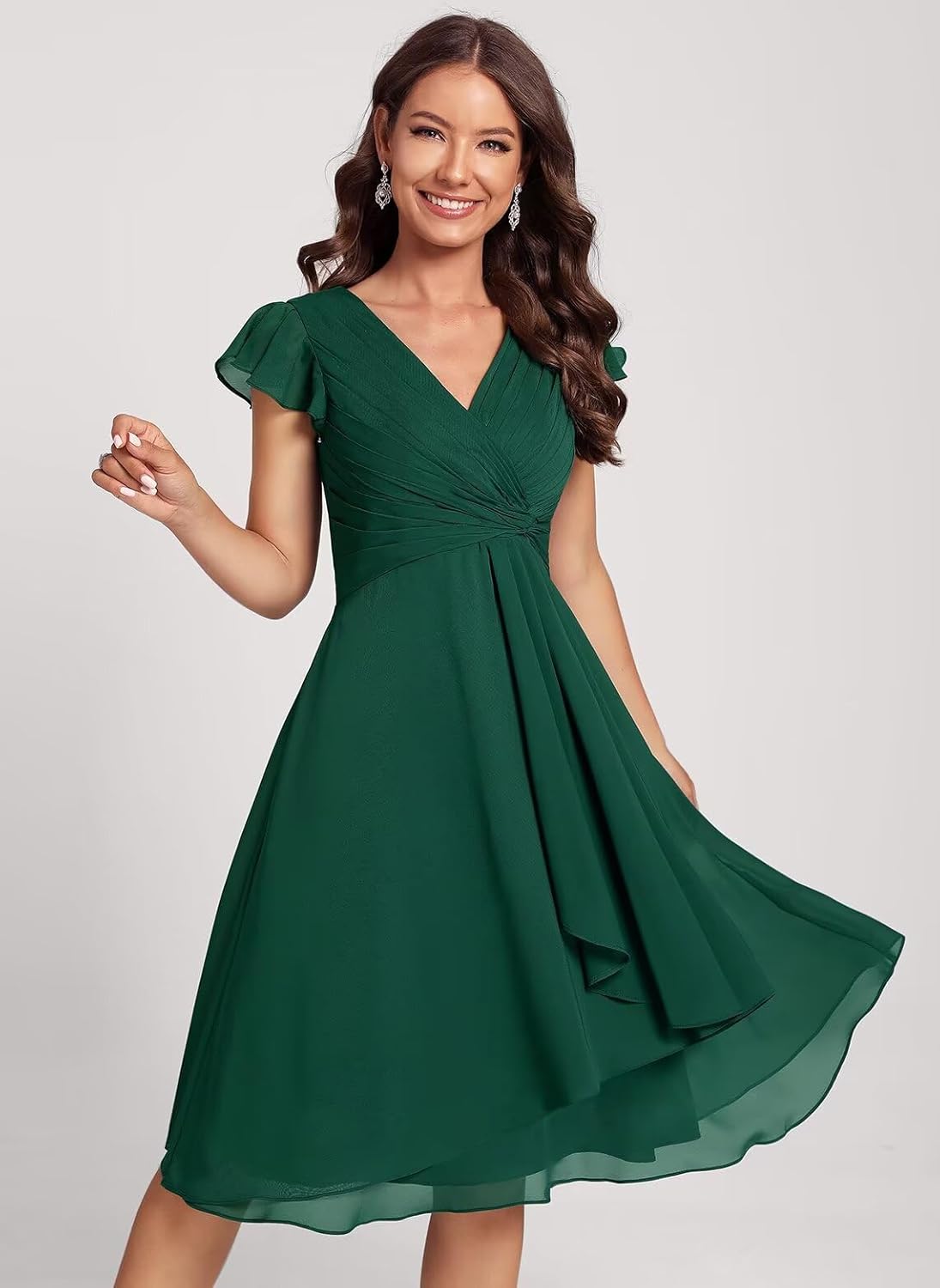 IMCACTOR short chiffon bridesmaid dress with V-neck flutter sleeves, ruffle details, and pockets in [COLOR] — view 4