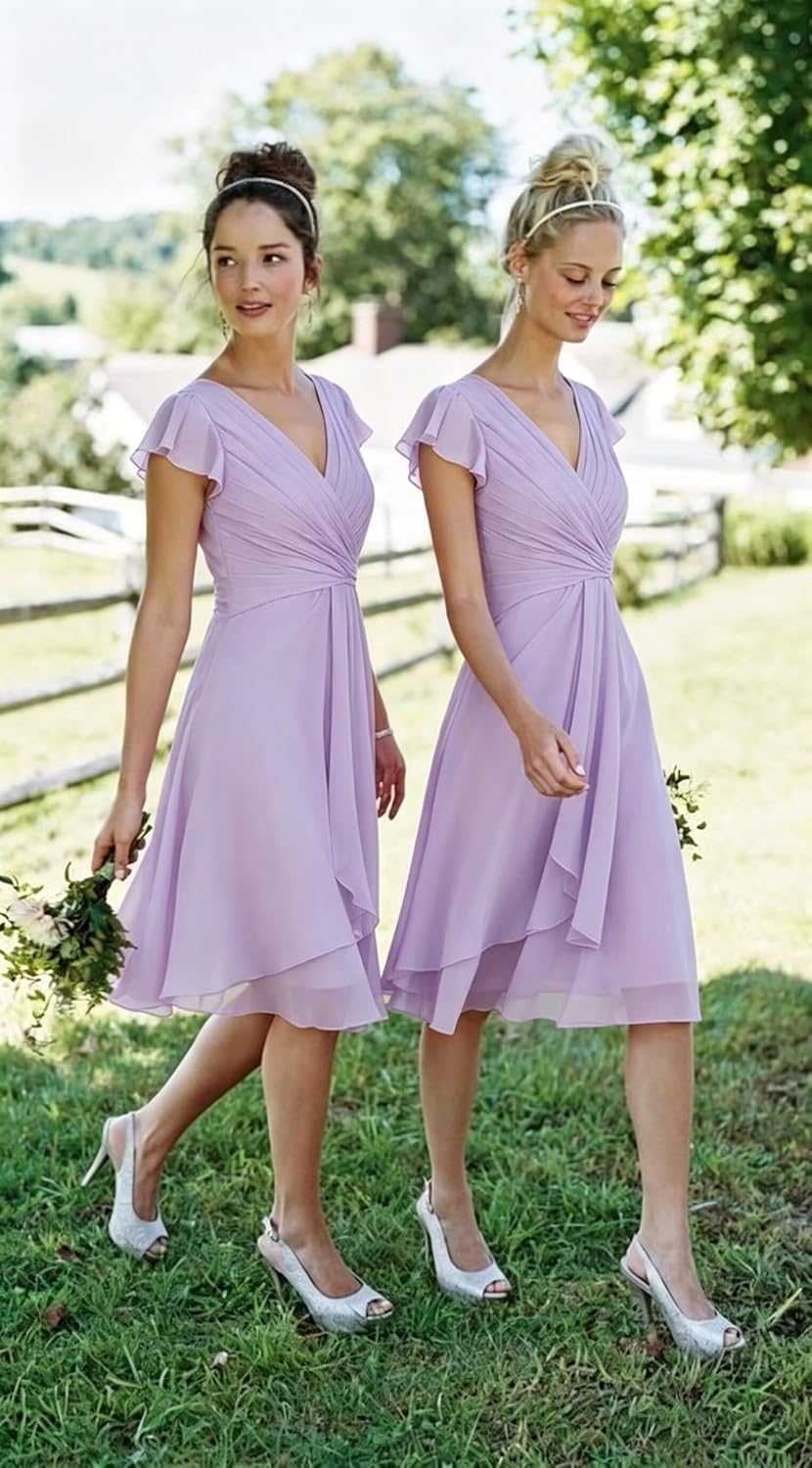 IMCACTOR short chiffon bridesmaid dress with V-neck flutter sleeves, ruffle details, and pockets in [COLOR] — view 2
