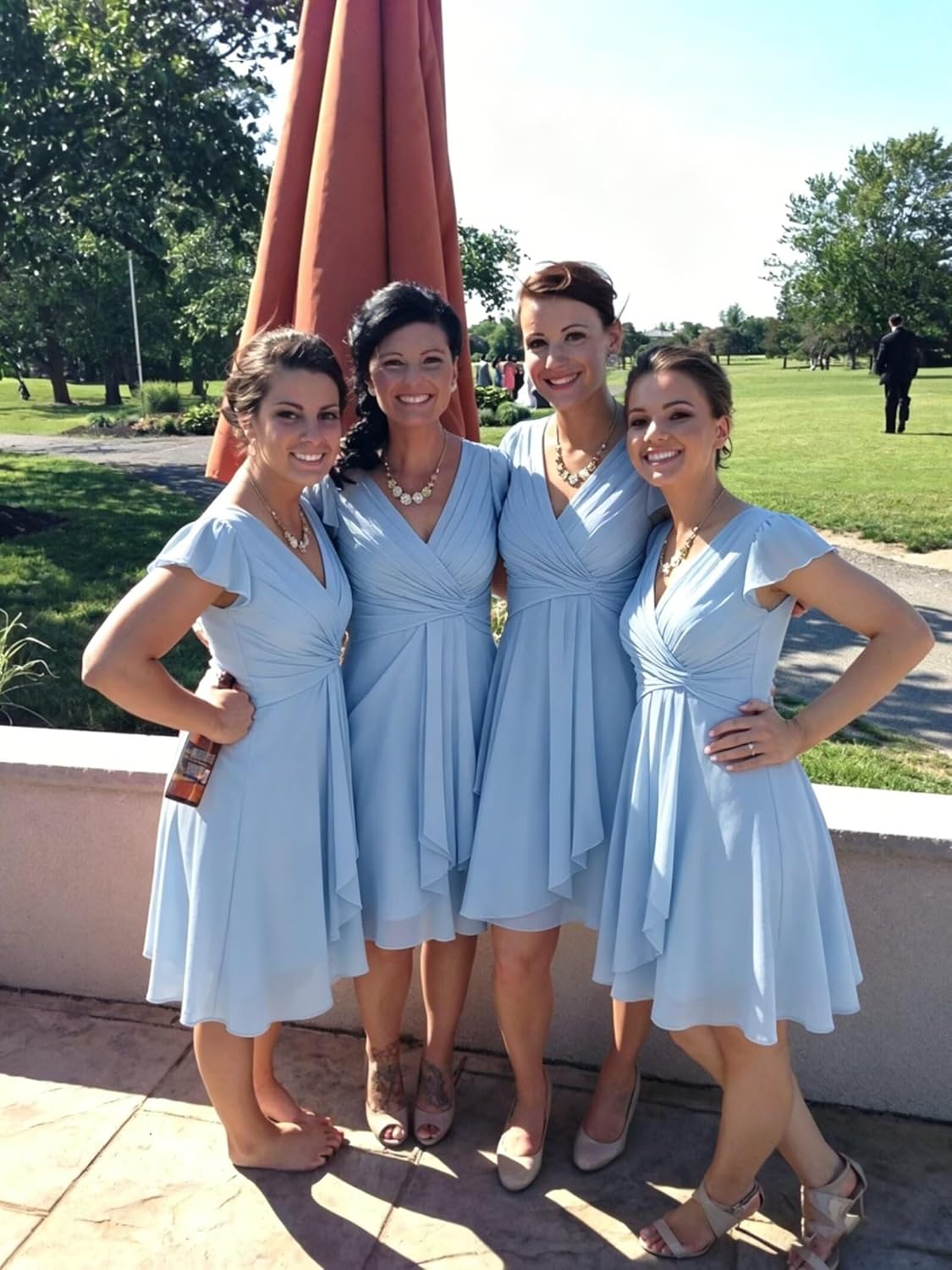 IMCACTOR short chiffon bridesmaid dress with V-neck flutter sleeves, ruffle details, and pockets in [COLOR] — view 3