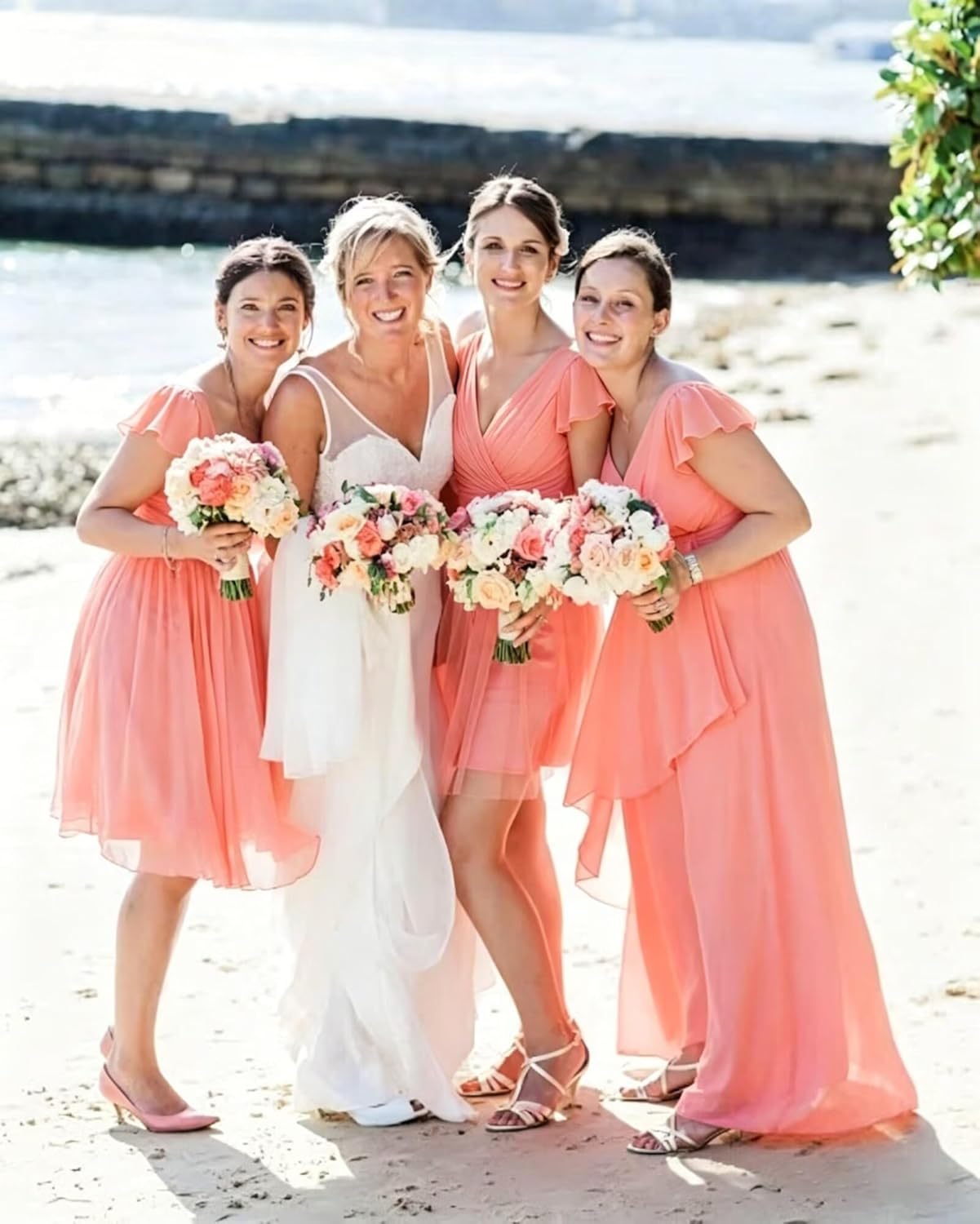 IMCACTOR short chiffon bridesmaid dress with V-neck flutter sleeves, ruffle details, and pockets in [COLOR] — view 4