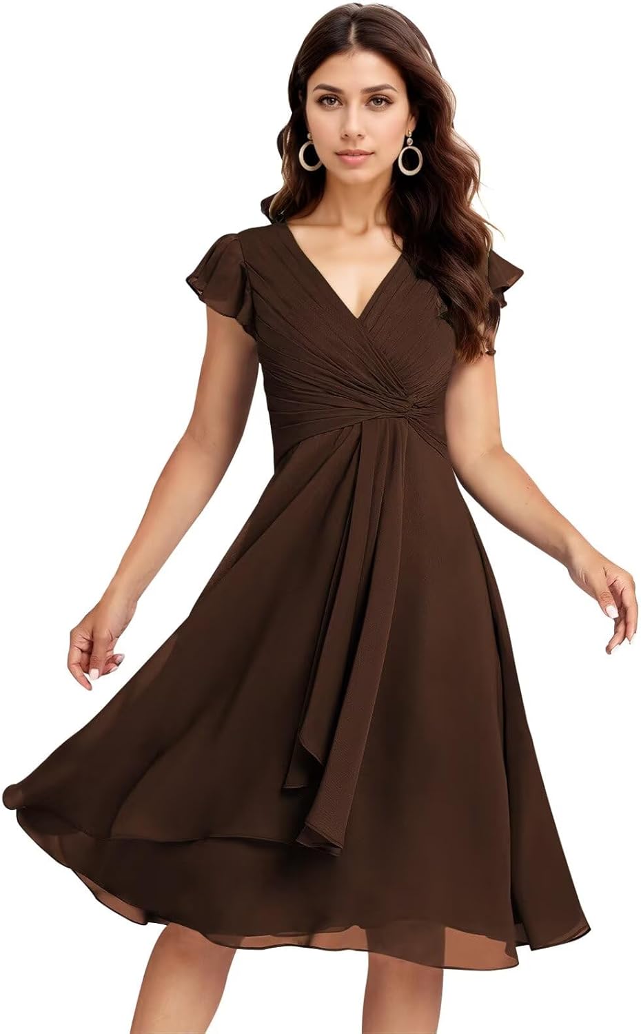 IMCACTOR short chiffon bridesmaid dress with V-neck flutter sleeves, ruffle details, and pockets in [COLOR] — view 5