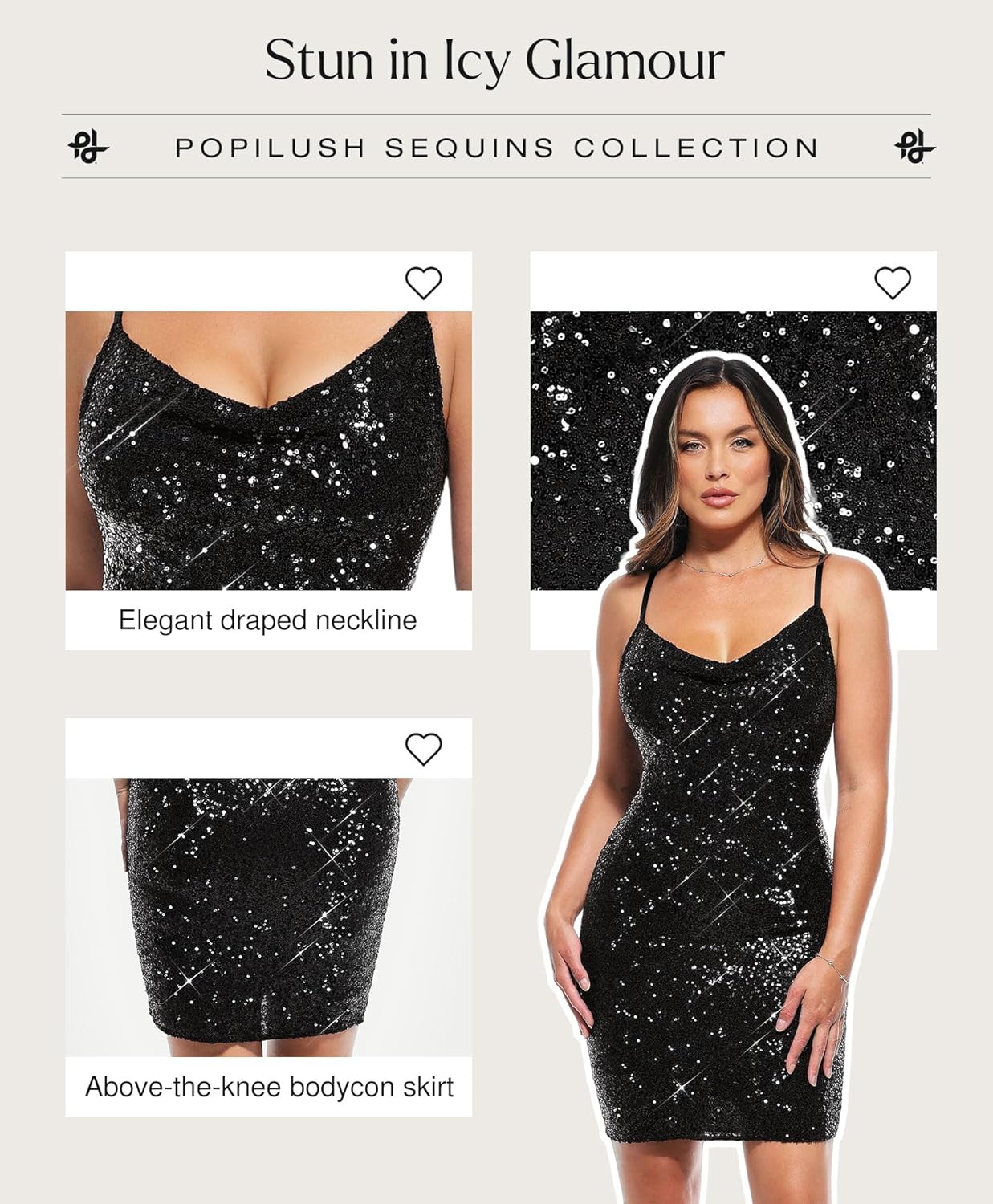 Popilush sequin mini dress in [color] with cowl neck and bodycon silhouette, styled for [party/cocktail occasion] — back