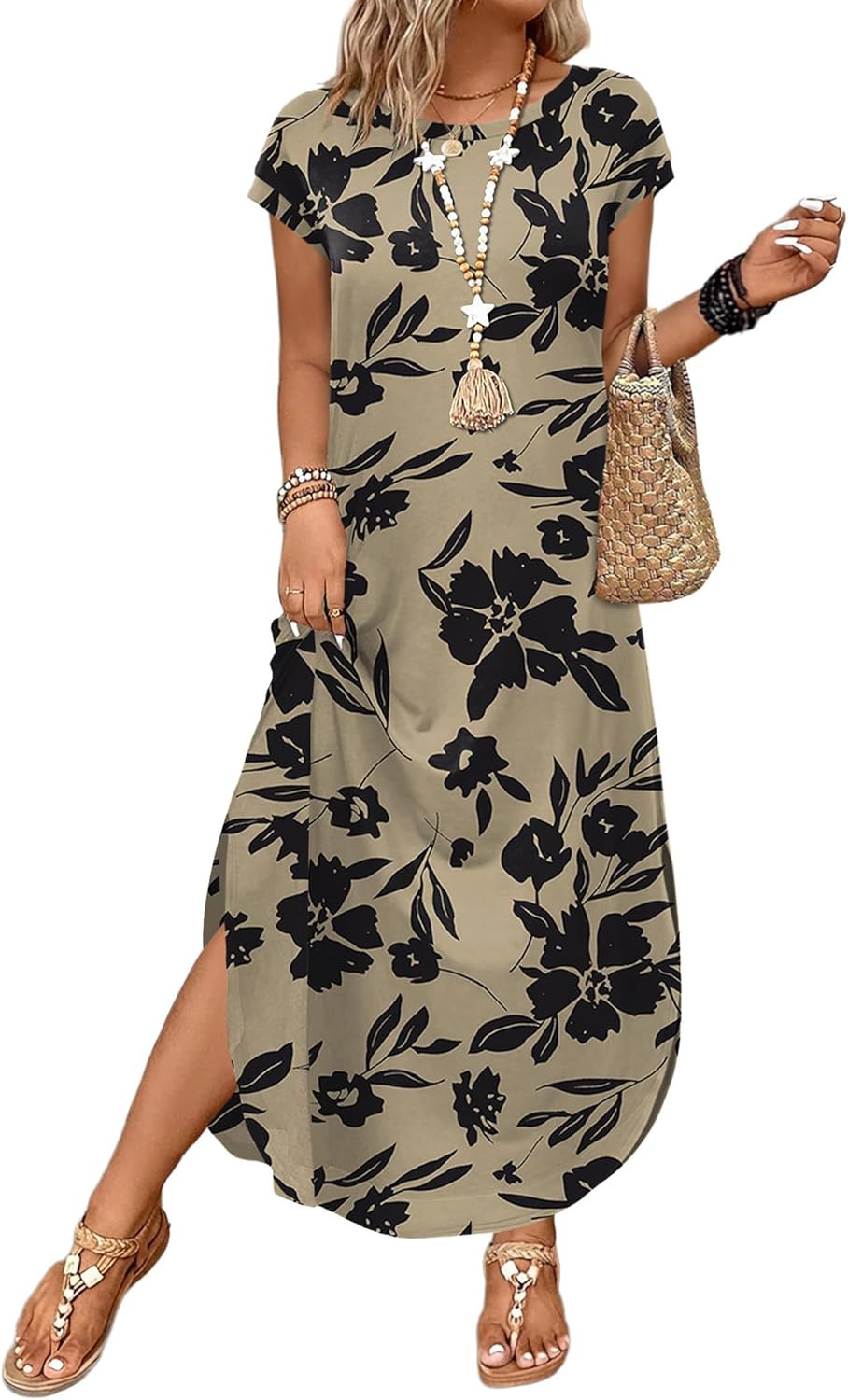 WIHOLL summer maxi dress with cap sleeves in [color] featuring crew neckline and functional pockets — view 2