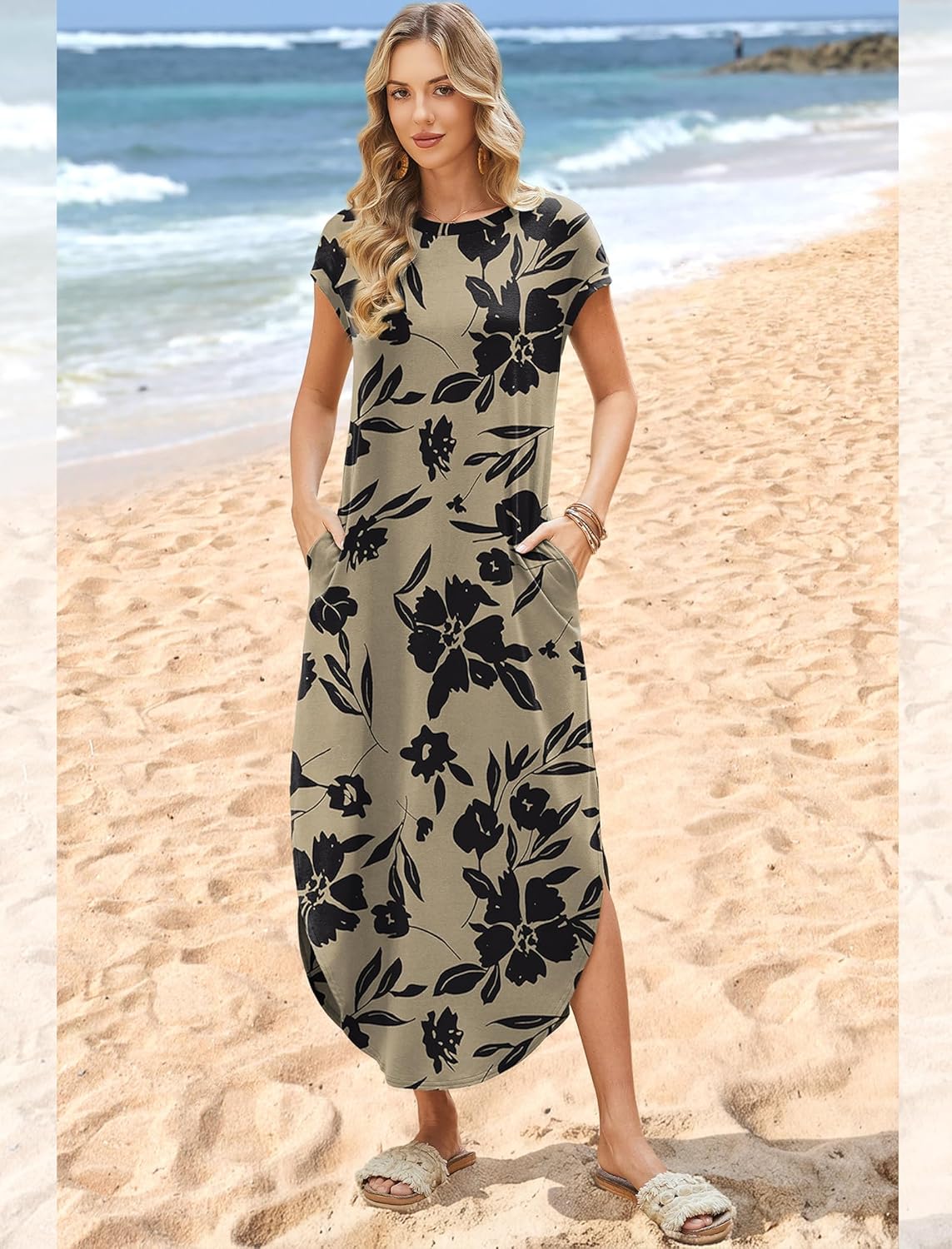 WIHOLL summer maxi dress with cap sleeves in [color] featuring crew neckline and functional pockets — view 3