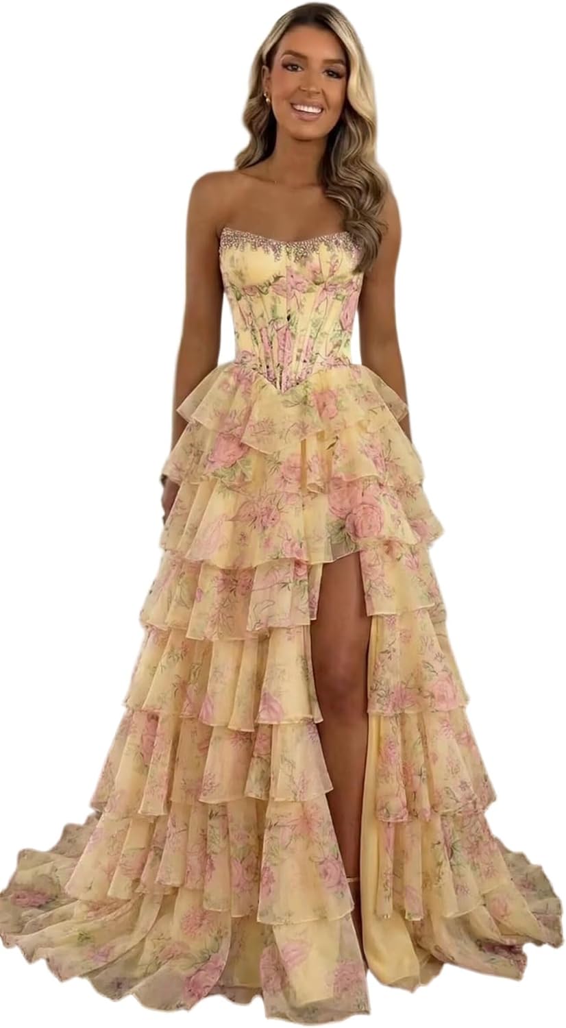 BABYONLINE D.R.E.S.S. women's floral print tiered prom dress in [color] with sweetheart neckline and slit detail — view 1