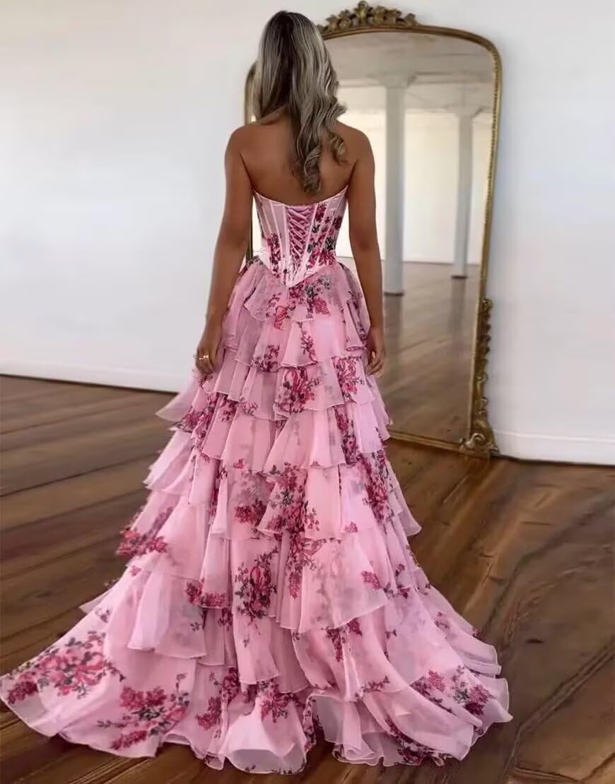 BABYONLINE D.R.E.S.S. women's floral print tiered prom dress in [color] with sweetheart neckline and slit detail — view 2