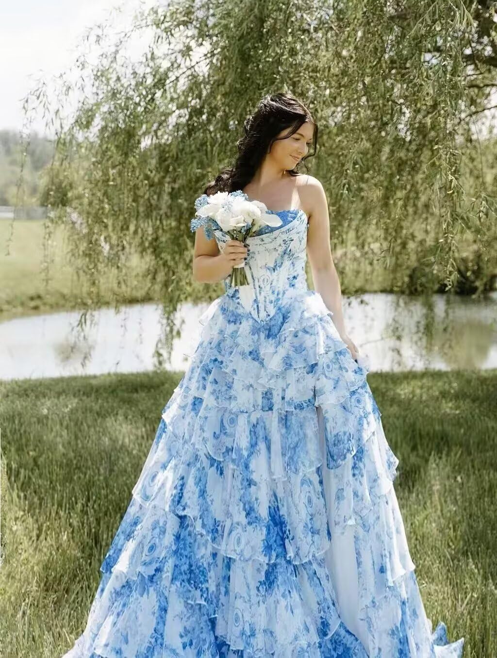 BABYONLINE D.R.E.S.S. women's floral print tiered prom dress in [color] with sweetheart neckline and slit detail — view 2