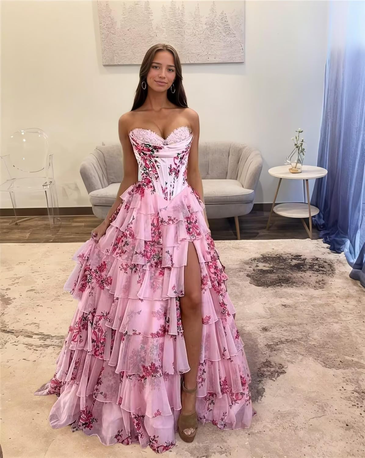 BABYONLINE D.R.E.S.S. women's floral print tiered prom dress in [color] with sweetheart neckline and slit detail — view 3