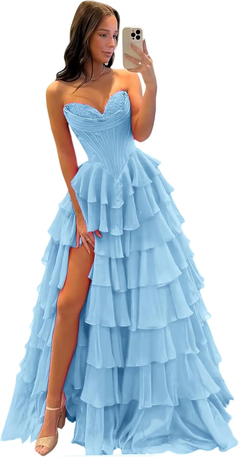 BABYONLINE D.R.E.S.S. women's floral print tiered prom dress in [color] with sweetheart neckline and slit detail — view 4