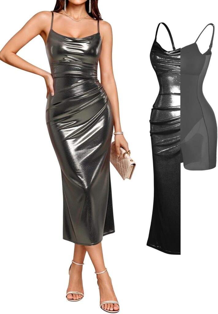Popilush Formal Midi Dress with Built-in Bra Shapewear