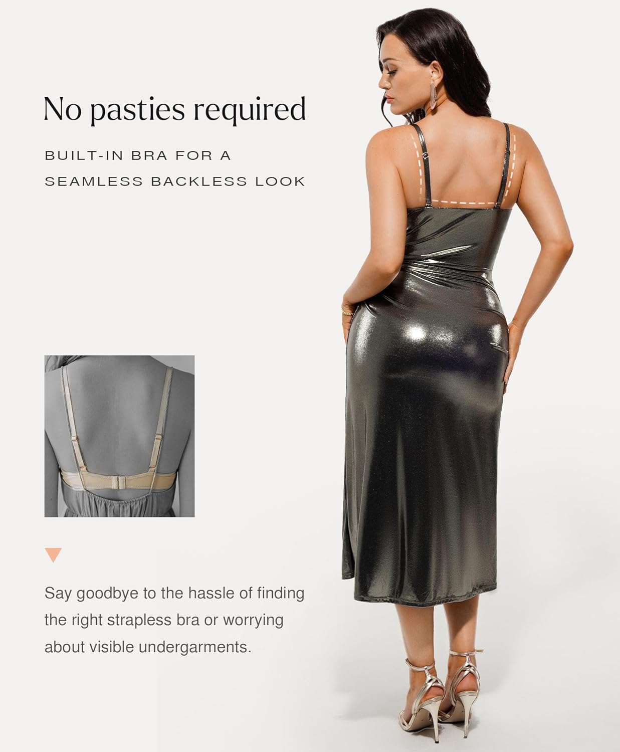 Popilush formal midi dress with built-in bra shapewear in [color], featuring cowl neck and sparkly ruched details — view 2