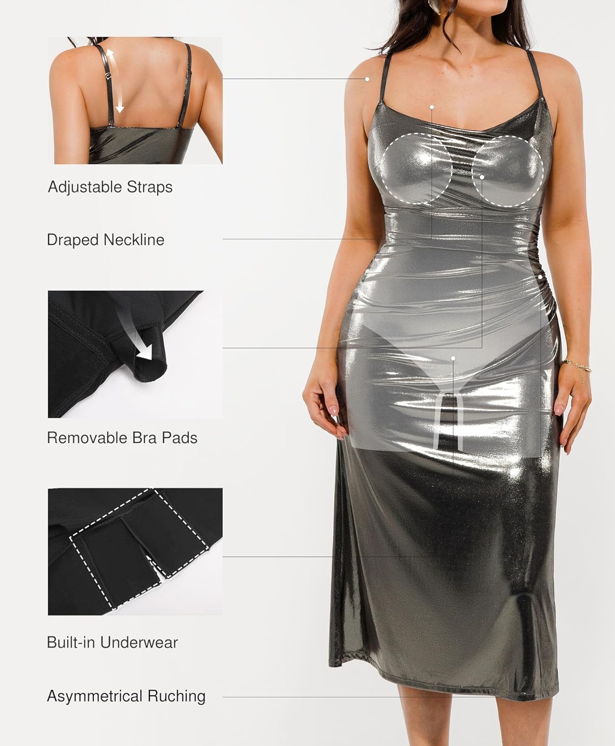 Popilush formal midi dress with built-in bra shapewear in [color], featuring cowl neck and sparkly ruched details — view 3