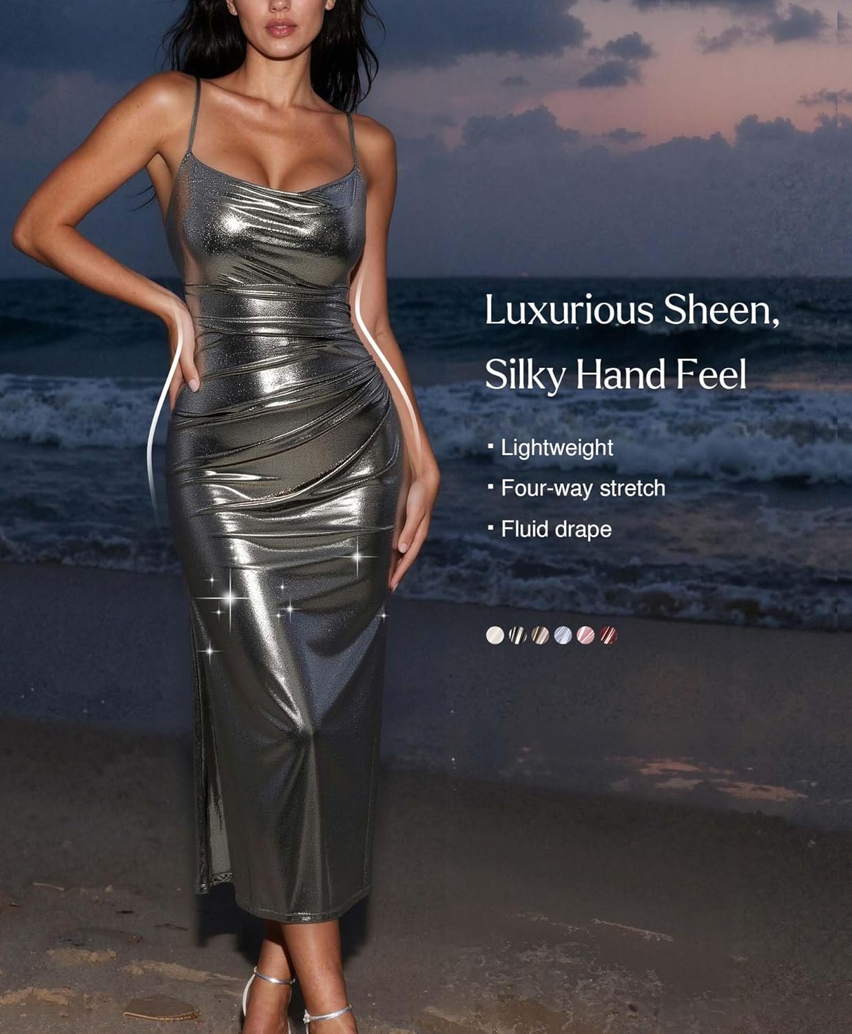 Popilush formal midi dress with built-in bra shapewear in [color], featuring cowl neck and sparkly ruched details — view 3