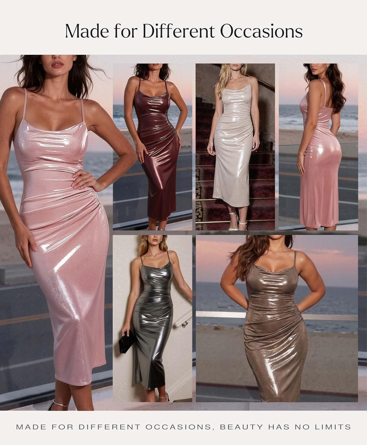Popilush formal midi dress with built-in bra shapewear in [color], featuring cowl neck and sparkly ruched details — view 4