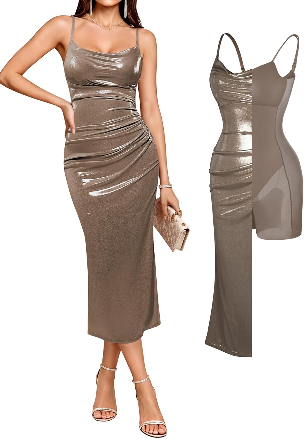 Popilush formal midi dress with built-in bra shapewear in [color], featuring cowl neck and sparkly ruched details — view 5
