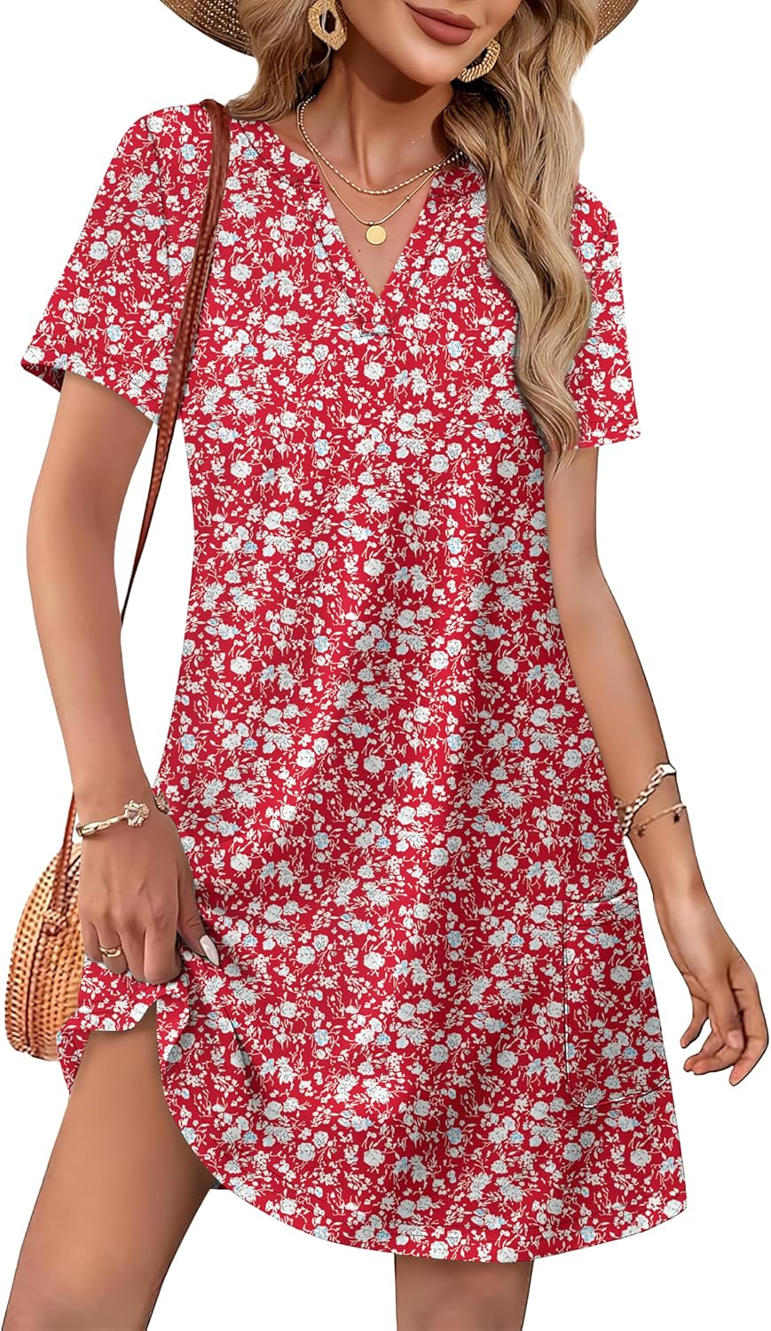 WIHOLL {color} V-neck summer midi dress on woman at beach, boho Hawaiian style — view 4