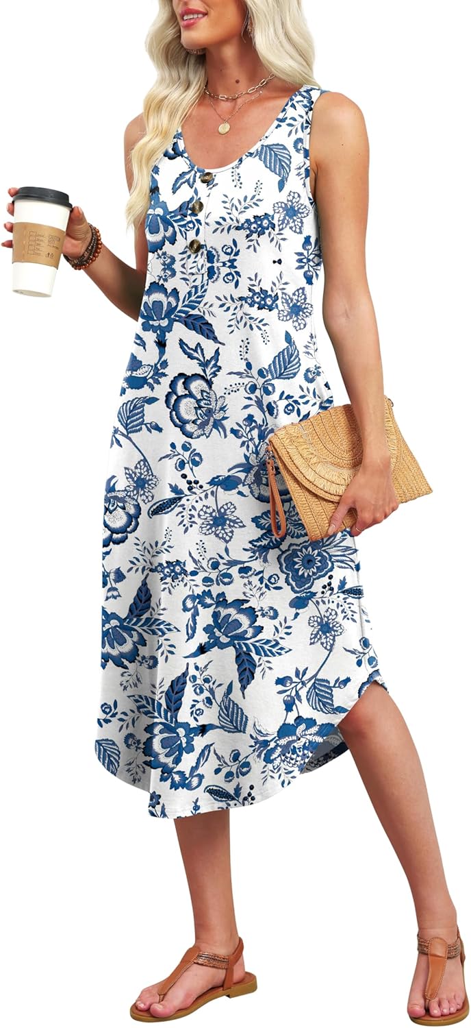 WIHOLL sleeveless button-front summer midi dress in [color] with pockets, shown on model at beach — view 3