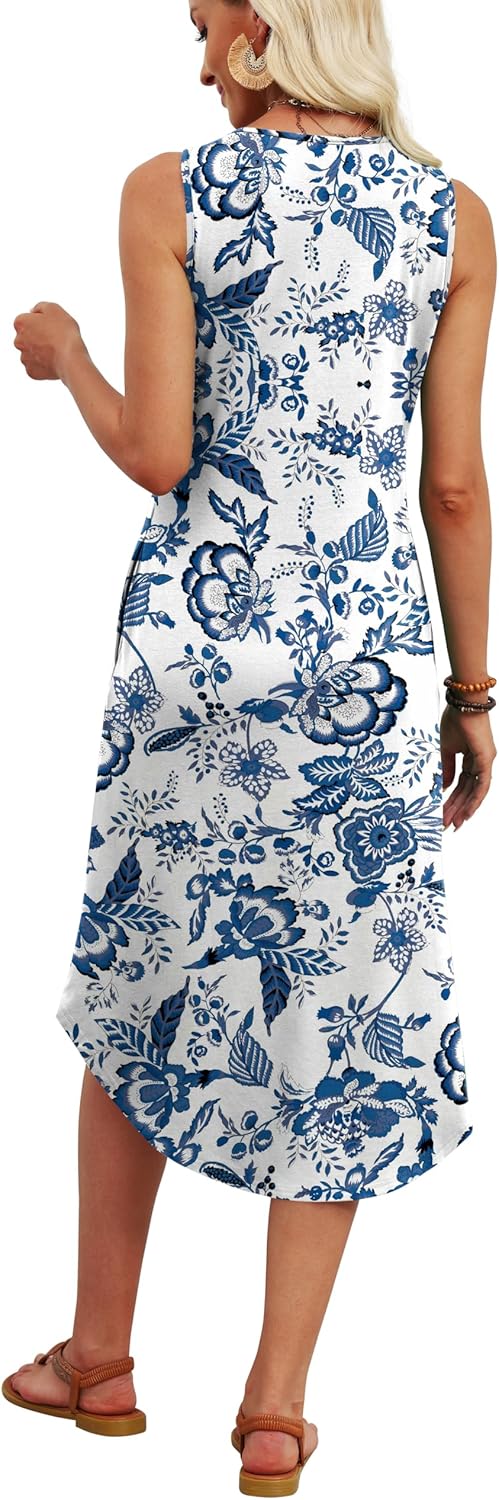 WIHOLL sleeveless button-front summer midi dress in [color] with pockets, shown on model at beach — view 4
