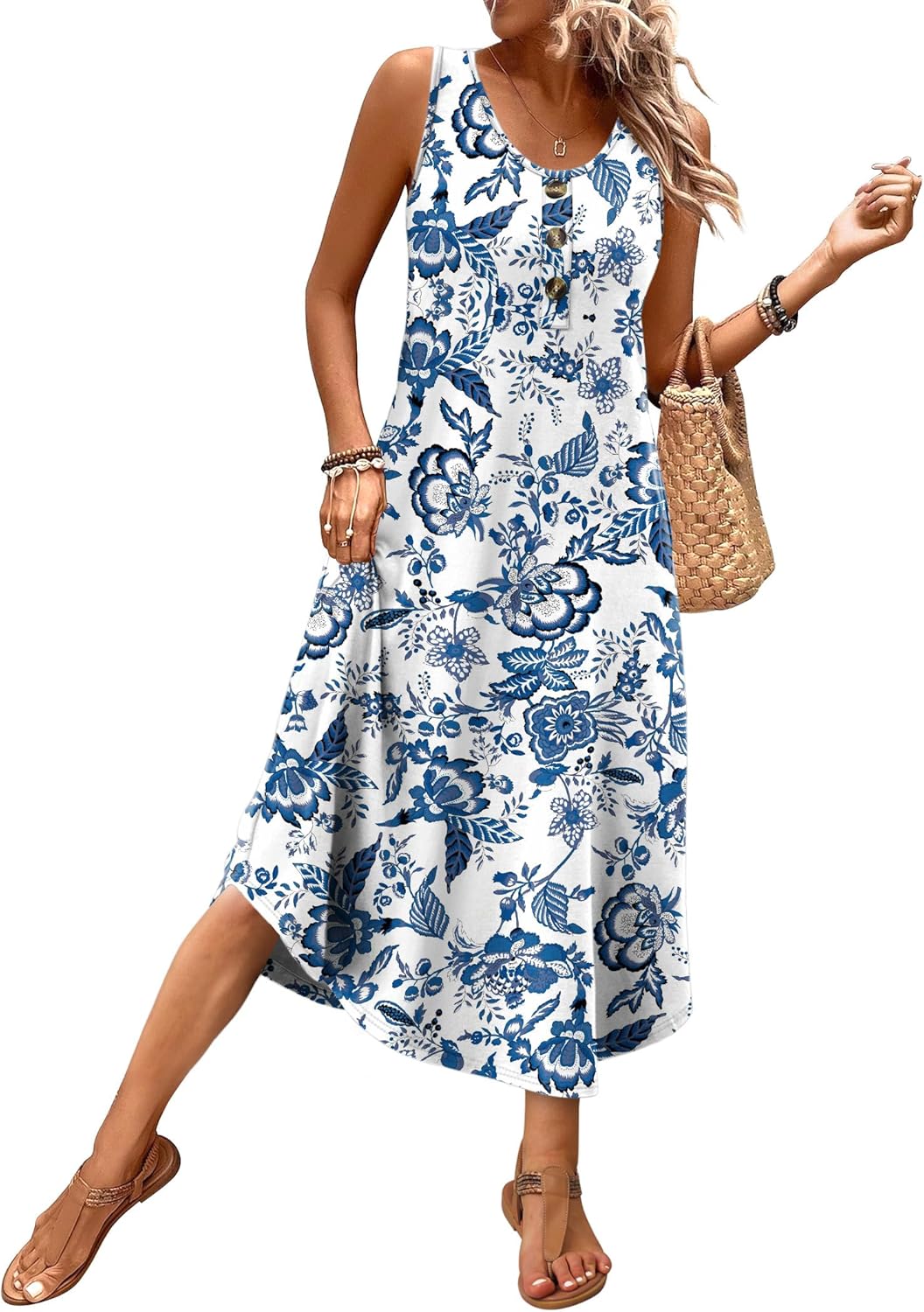 WIHOLL sleeveless button-front summer midi dress in [color] with pockets, shown on model at beach — view 2