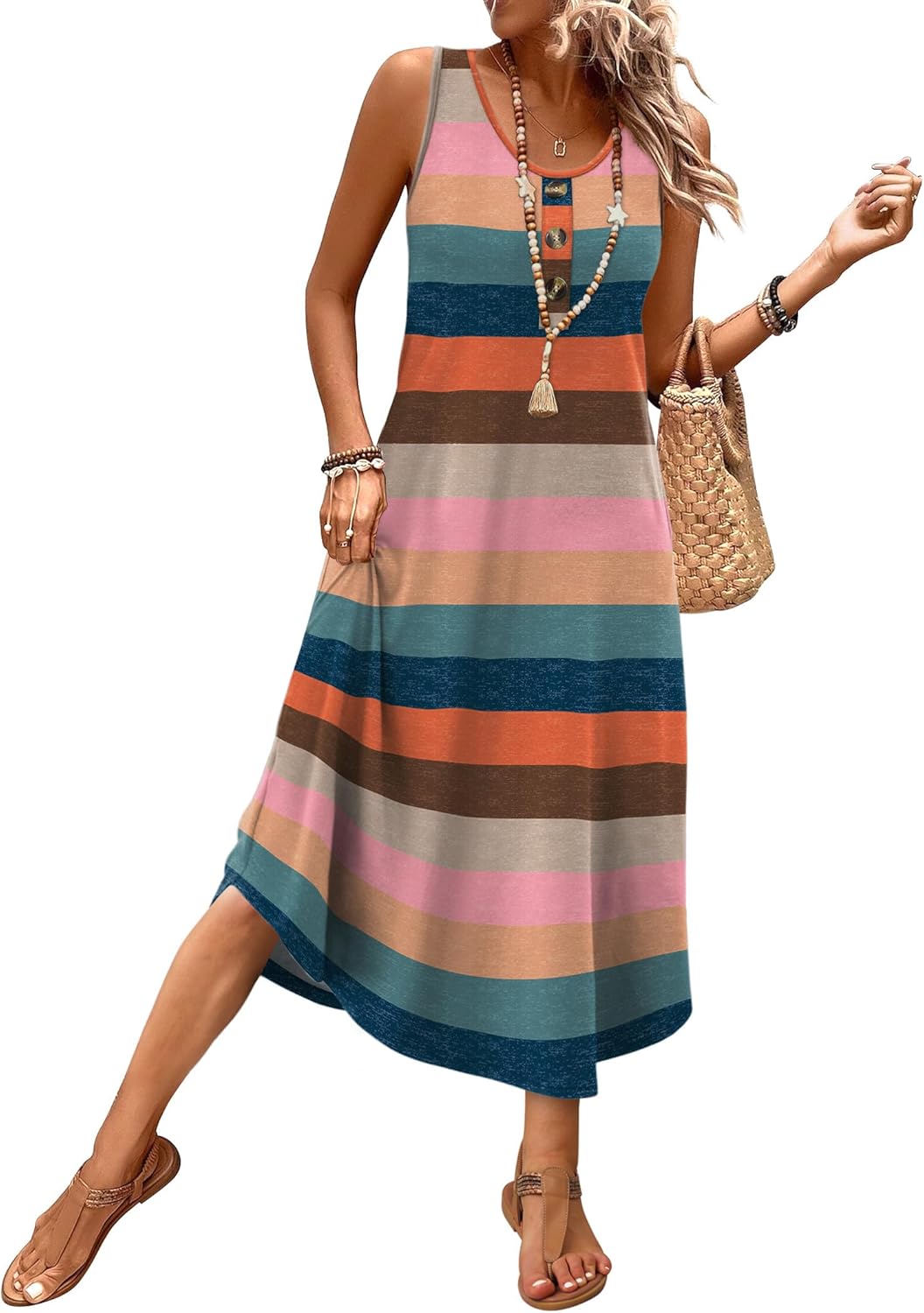 WIHOLL sleeveless button-front summer midi dress in [color] with pockets, shown on model at beach — view 3