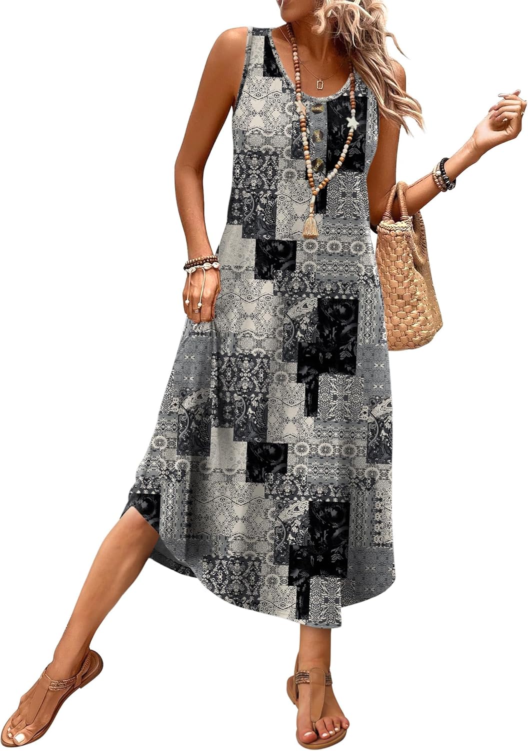 WIHOLL sleeveless button-front summer midi dress in [color] with pockets, shown on model at beach — view 4