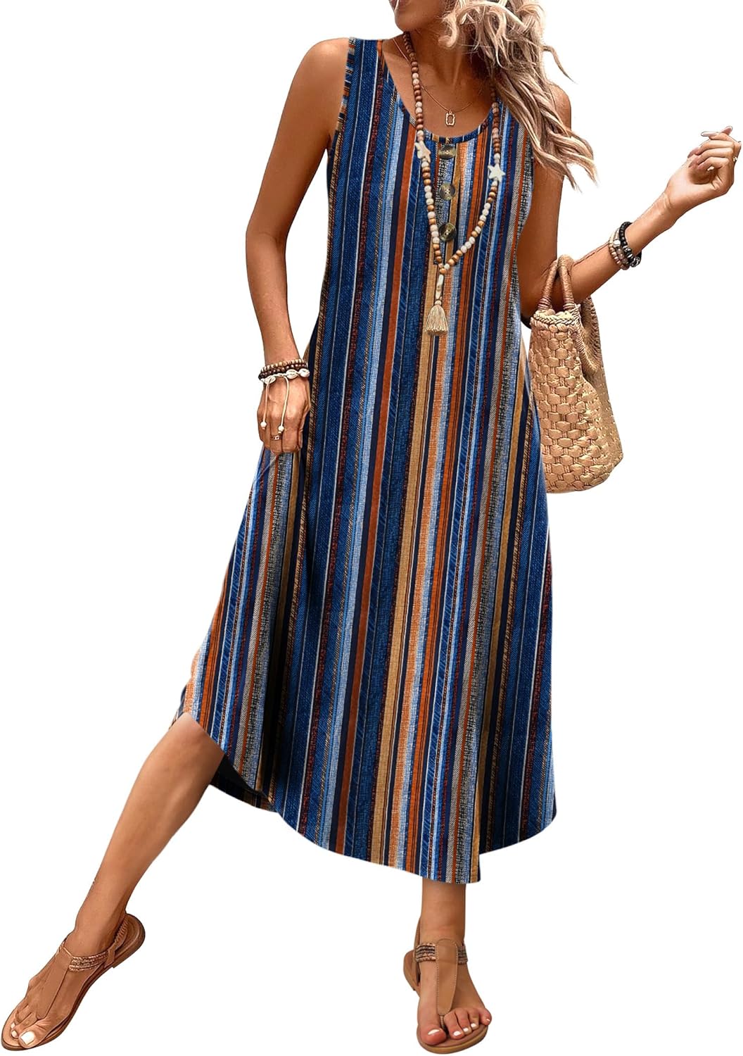 WIHOLL sleeveless button-front summer midi dress in [color] with pockets, shown on model at beach — view 5