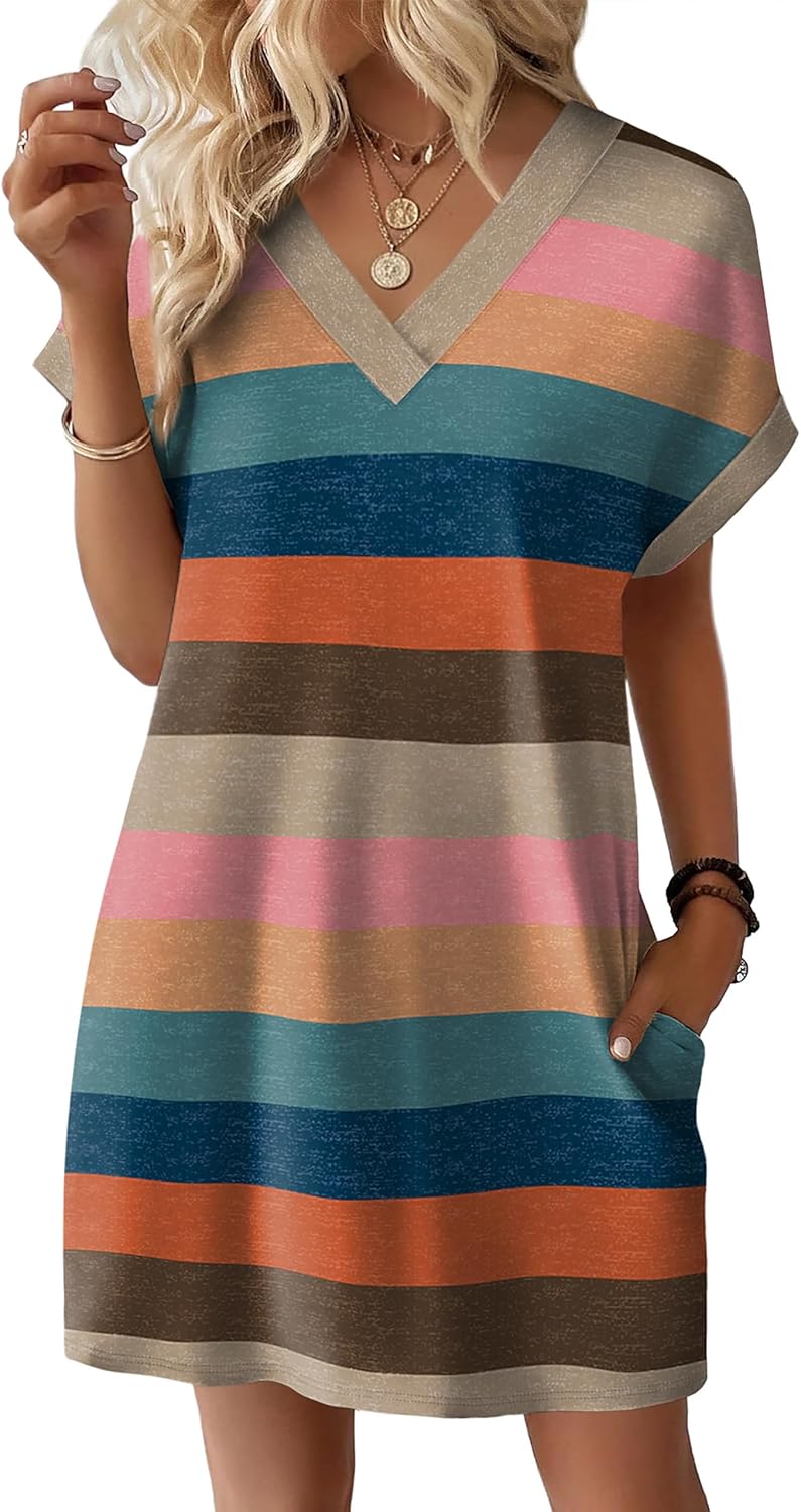 Casual t-shirt dress in [color] worn at [beach/casual/wedding guest setting], minimalist summer style — side
