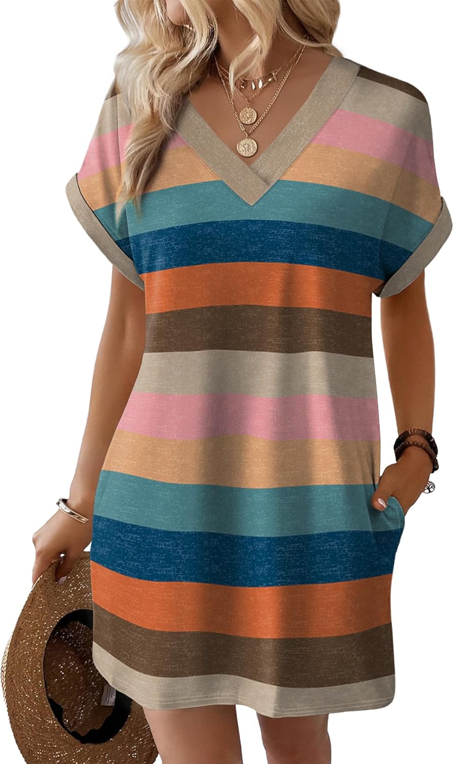 Casual t-shirt dress in [color] worn at [beach/casual/wedding guest setting], minimalist summer style — detail