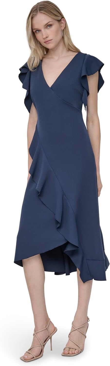 DKNY Women's Ruffle Cap Sleeve Surplice Neck Fit and Flare Midi Dress