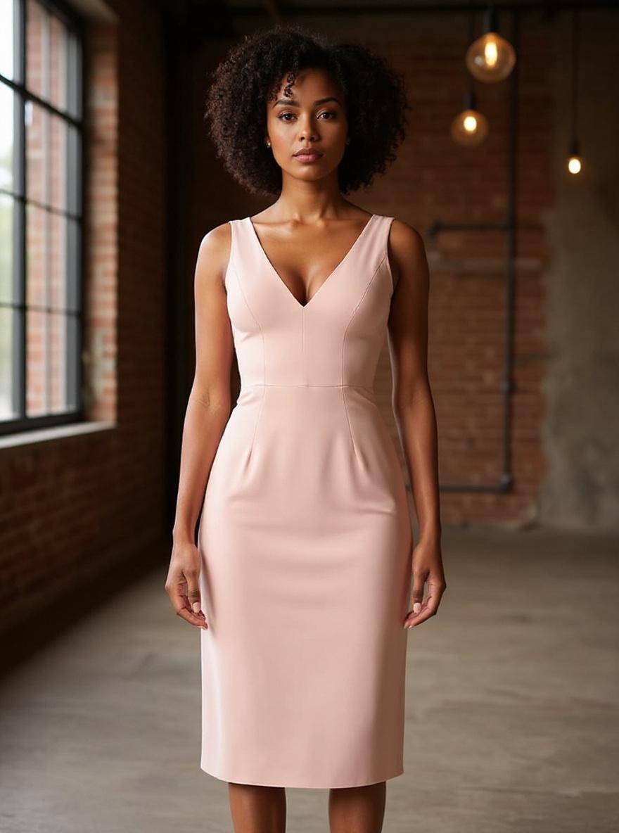 Dress the Population Lyla plunging sleeveless fitted midi sheath dress in [color] for date night — editorial hero