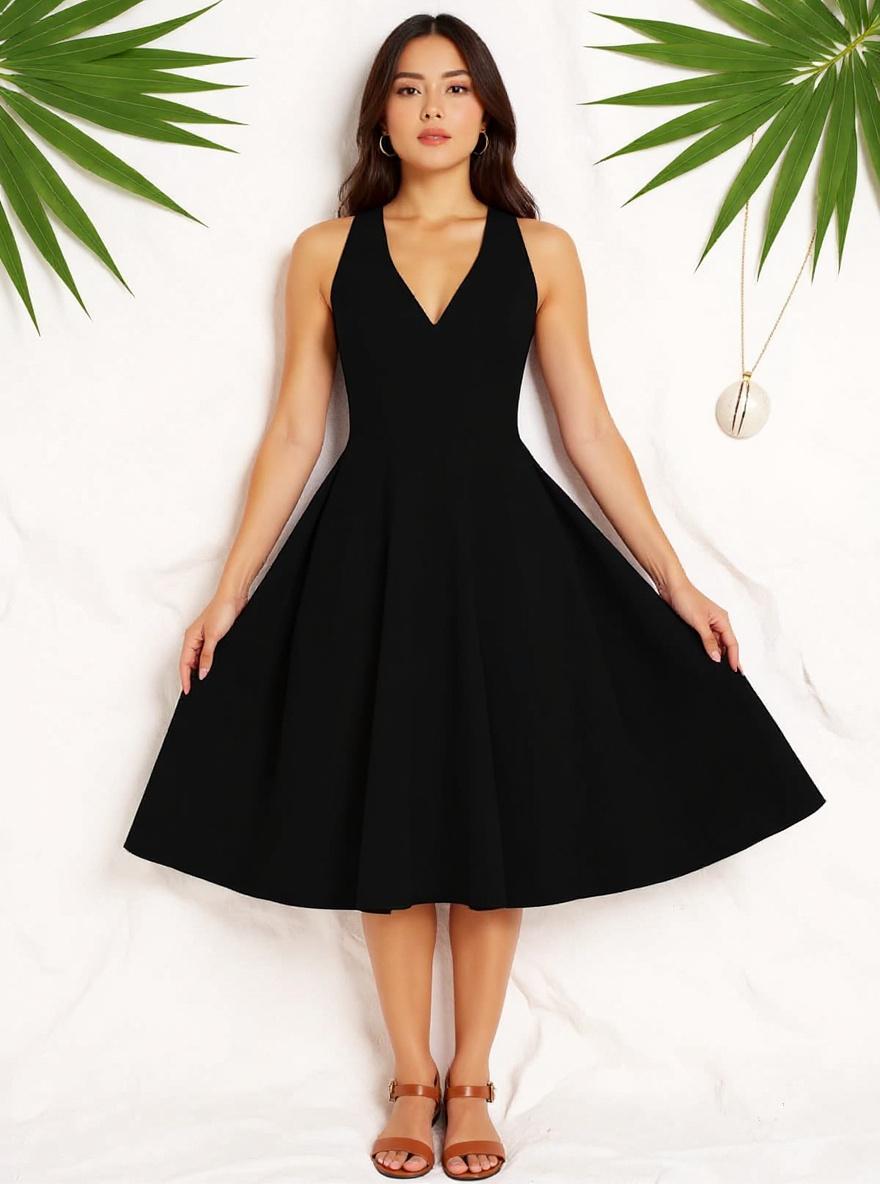 Women's sleeveless fit and flare midi dress in [color] for [wedding/date night/casual wear] — view 7a
