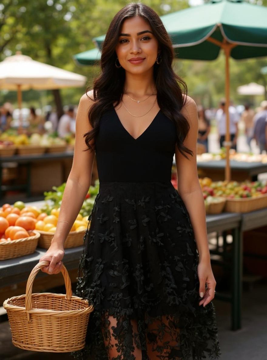 Sleeveless fit and flare midi dress with plunging neckline in [color], styled for date night — view 2