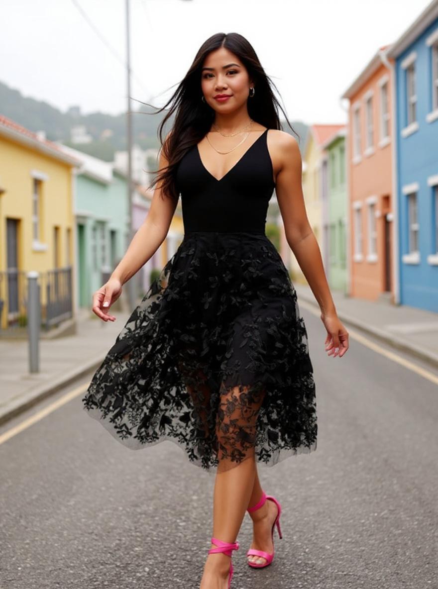 Sleeveless fit and flare midi dress with plunging neckline in [color], styled for date night — view 3a
