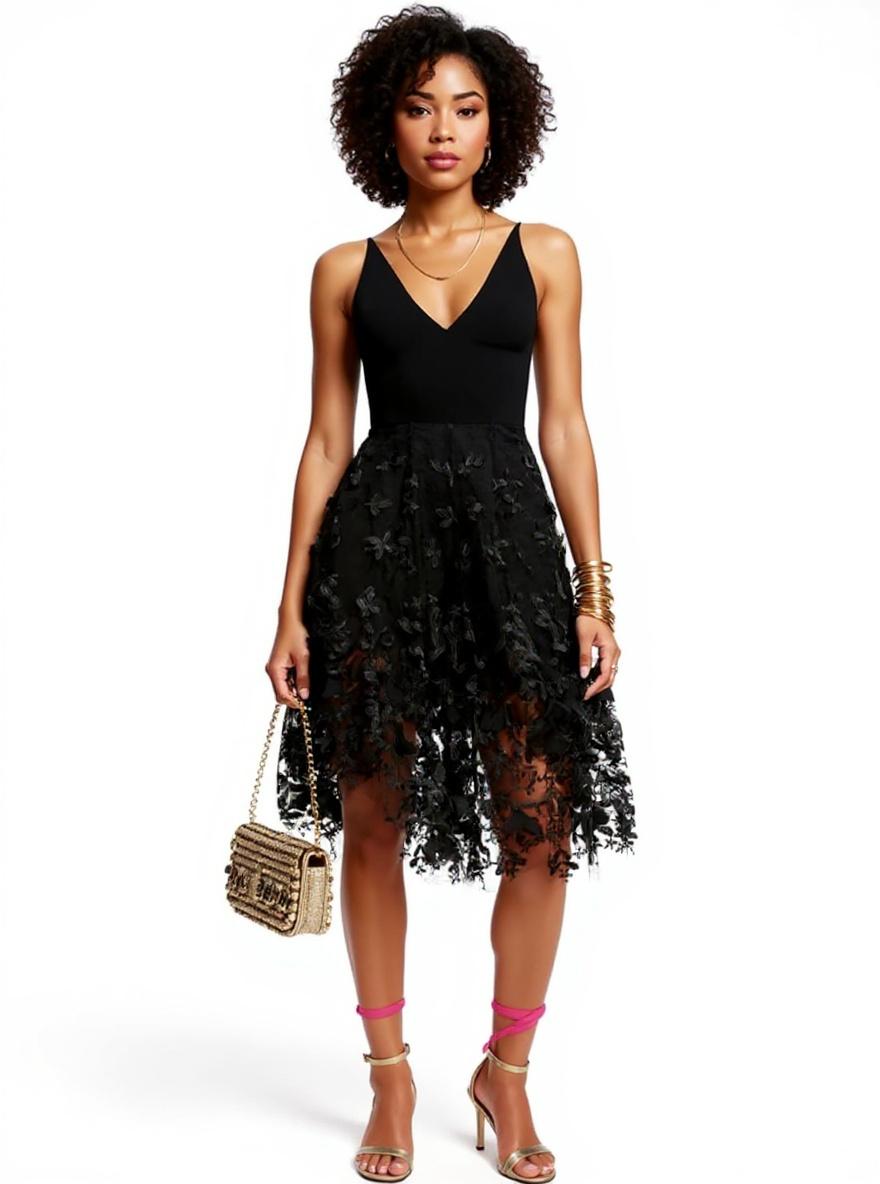 Sleeveless fit and flare midi dress with plunging neckline in [color], styled for date night — view 5a