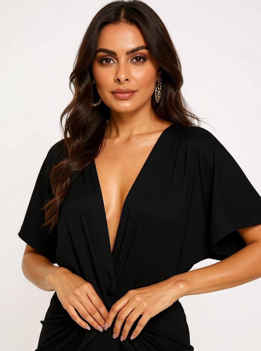 Deep V neck twisted mini party dress in [color] with high slit, styled for date night and going out — view 7b