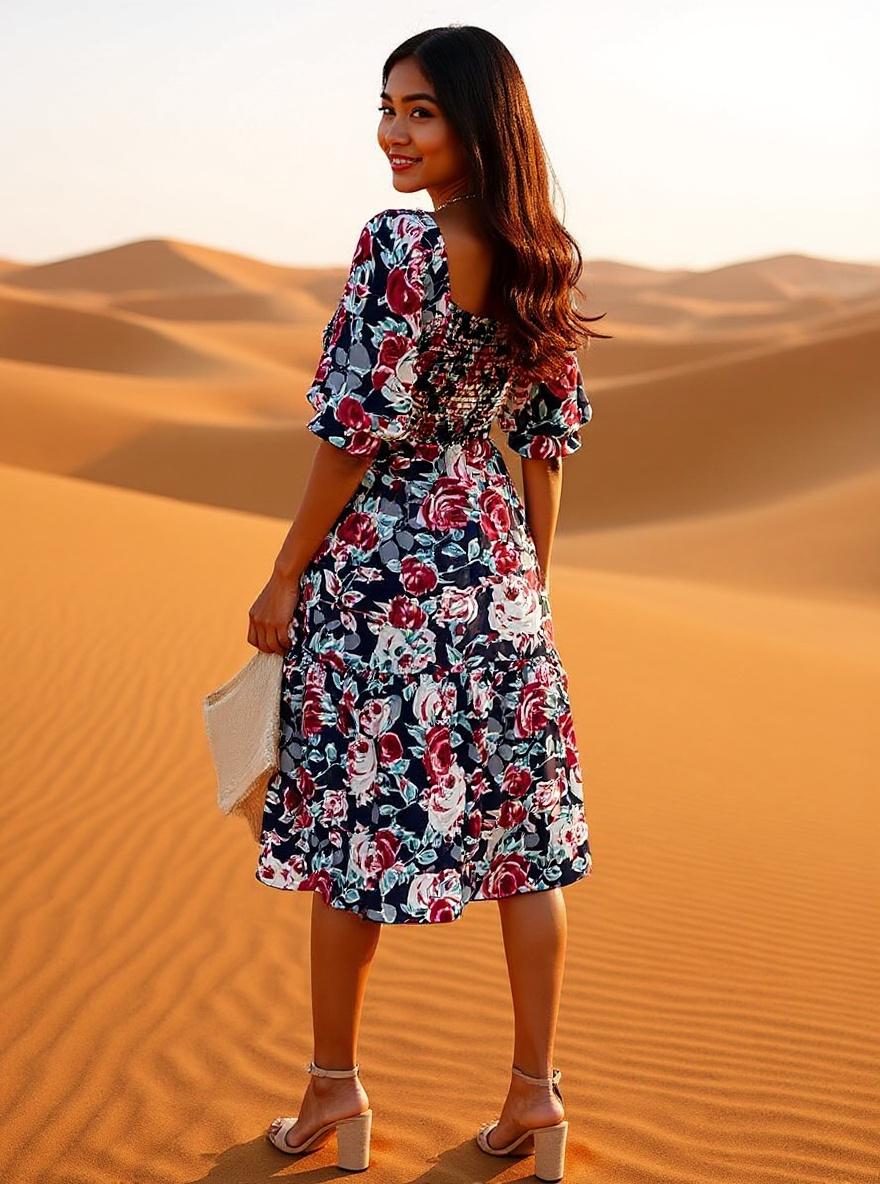 PRETTYGARDEN women's boho floral midi dress with puff sleeves and square neckline in [color], A-line silhouette for casual summer wear — view 3b