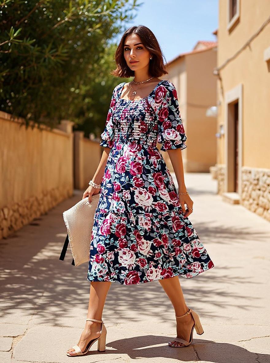 PRETTYGARDEN women's boho floral midi dress with puff sleeves and square neckline in [color], A-line silhouette for casual summer wear — view 5b