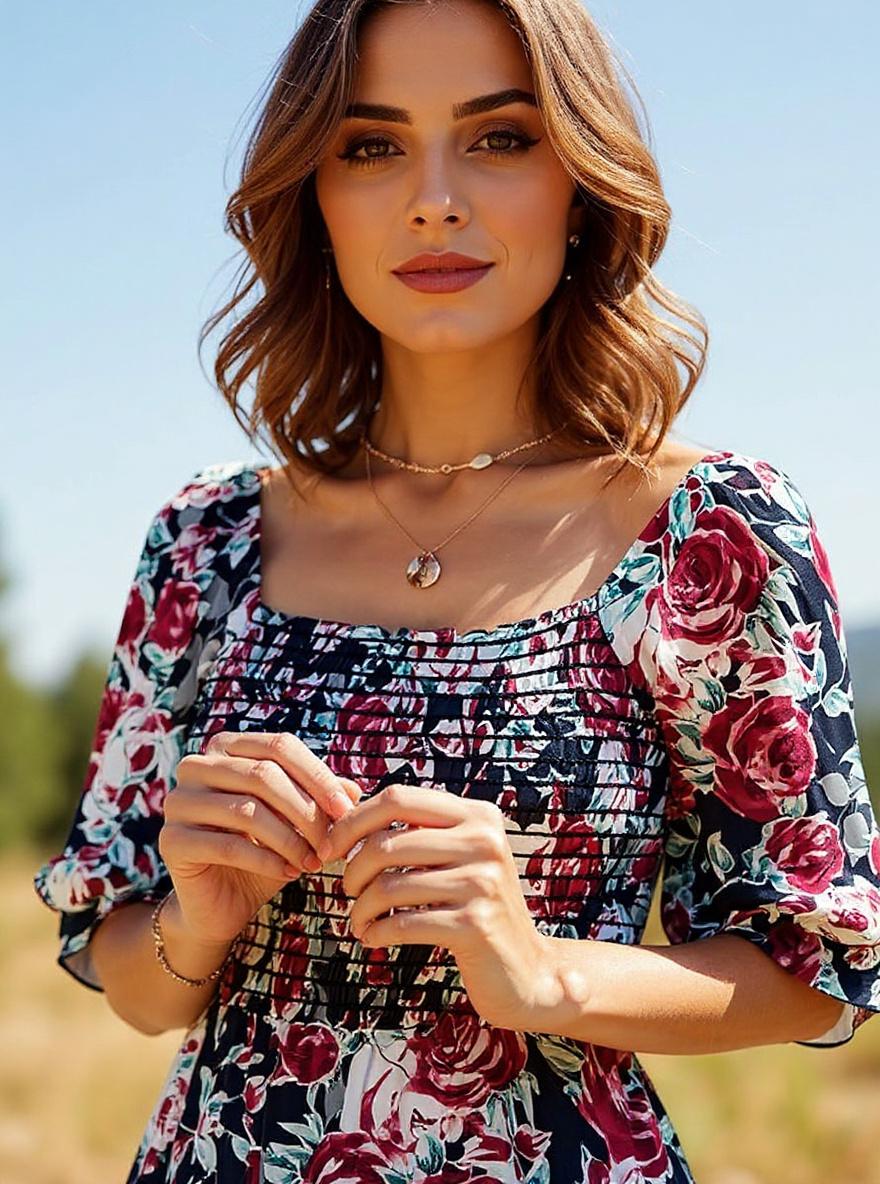 PRETTYGARDEN women's boho floral midi dress with puff sleeves and square neckline in [color], A-line silhouette for casual summer wear — view 7b