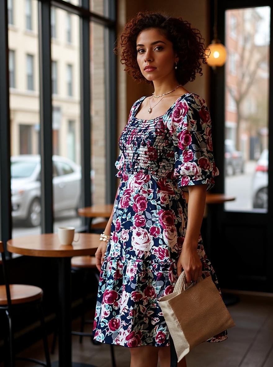 PRETTYGARDEN women's boho floral midi dress with puff sleeves and square neckline in [color], A-line silhouette for casual summer wear — view 2