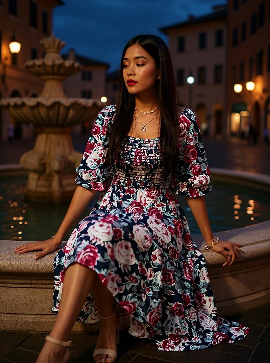 PRETTYGARDEN women's boho floral midi dress with puff sleeves and square neckline in [color], A-line silhouette for casual summer wear — view 4