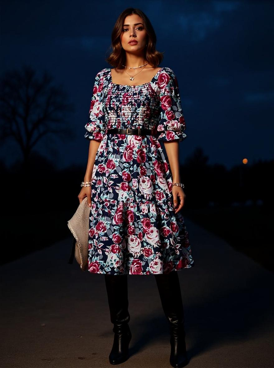 PRETTYGARDEN women's boho floral midi dress with puff sleeves and square neckline in [color], A-line silhouette for casual summer wear — view 5a