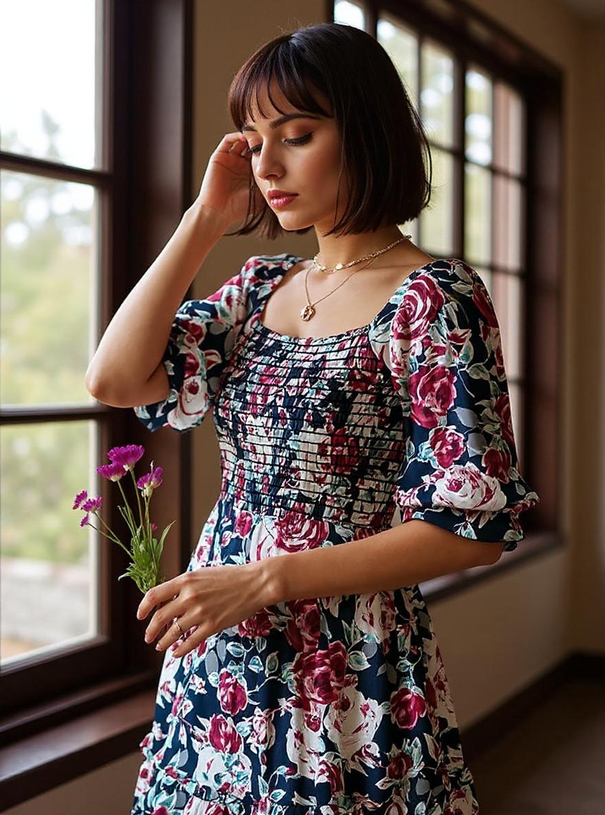 PRETTYGARDEN women's boho floral midi dress with puff sleeves and square neckline in [color], A-line silhouette for casual summer wear — view 6